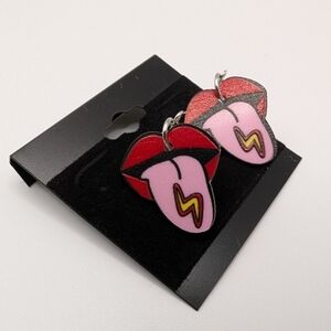 Handmade Hot Lips Tongue Out Lightning Bolt Dangle Rock N Roll Earrings 2" NEW